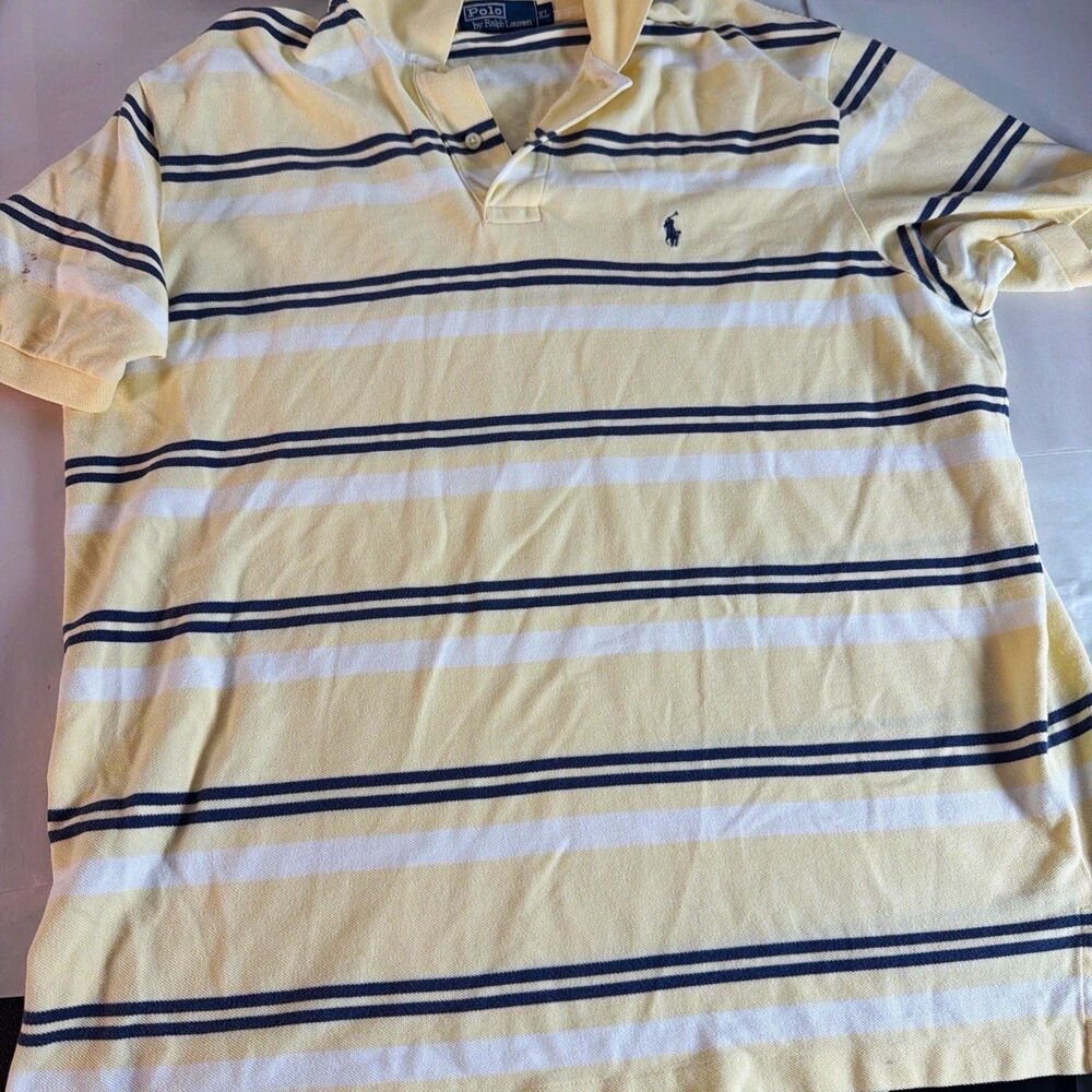 Polo by Ralph Lauren Men's XL Cream/Navy Striped Cotton Polo Shirt SS Logo